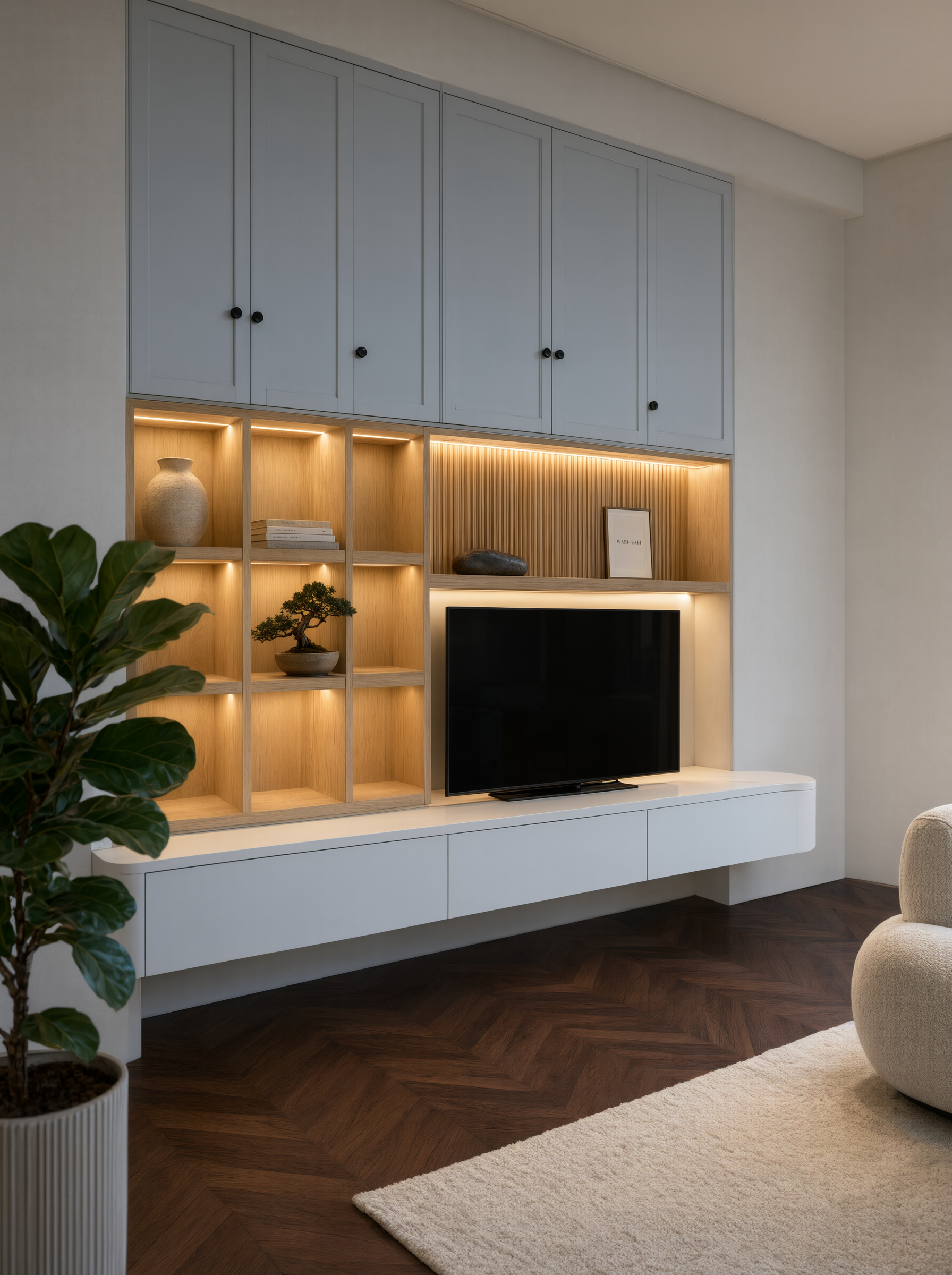 Blue Grey TV Console dengan Sistem Penyimpanan Hidden